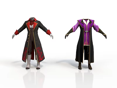Stylish Long Robes in Black Red and Purple with Decorative Patterns and Long Sleeves 3d model