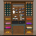 Modern Retail Display Cabinet Shelving with Layered Shelves Colored Towels Shoes and Warm Lighting