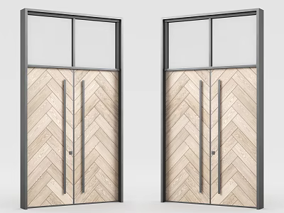Stylish Wooden Double Doors With Herringbone Pattern Black Frame And Glass Panels 3d model