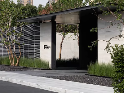 Modern Entrance Gate Design With Stone Wall Metal Roof And Lush Greenery 3d model