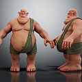 Cartoon Character With Bald Head Chubby Body Green Overalls Front Side Views