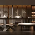 Traditional Chinese Tea Room Interior With Wooden Tables Stools Ceramic Teaware And Lattice Screens
