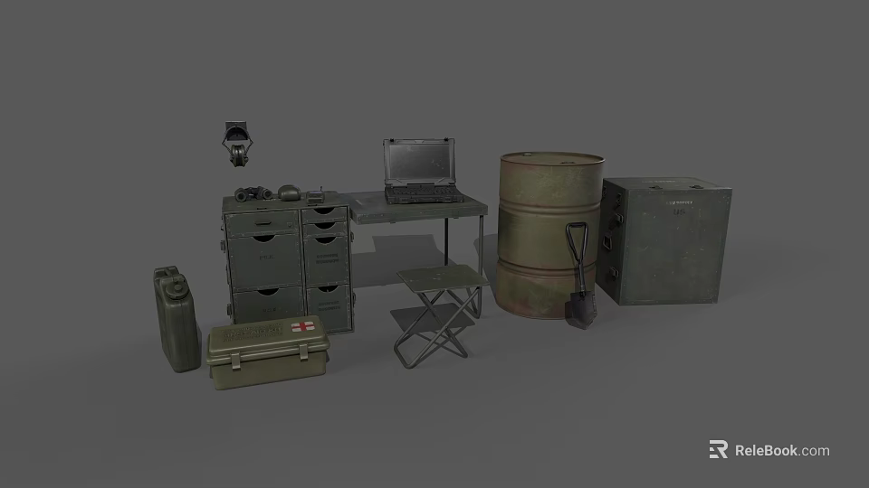 Green Household Items With Laptop Oil Drum Toolbox Camera And Folding Chair 3d model 