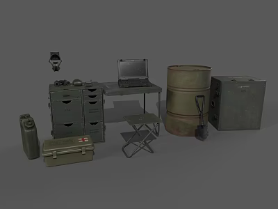 Green Household Items With Laptop Oil Drum Toolbox Camera And Folding Chair 3d model