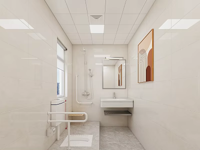 Public Restroom Interior With White Tiles Ceiling Window Handrails Sink Mirror And Decorative Painting 3d model