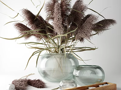 Transparent Striped Glass Vase With Purple Pampas Grass And Small Decorative Vessels 3d model