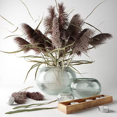 Transparent Striped Glass Vase With Purple Pampas Grass And Small Decorative Vessels 3d model