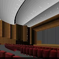Spacious Theater Interior With Red Seats Wooden Walls Tiered Seating And Lighting Fixtures