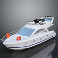 Wooden Boat 3D Rendering with White Hull Blue Stripe and Orange Lifebuoys on Deck