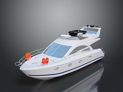 Wooden Boat 3D Rendering with White Hull Blue Stripe and Orange Lifebuoys on Deck 3d model