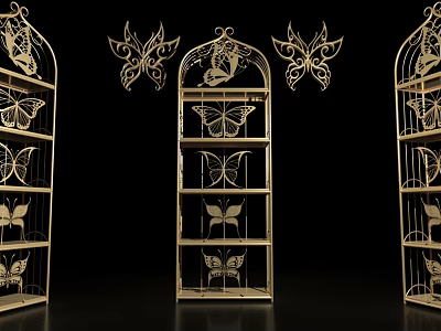 Golden Metal Shelving Unit With Intricate Butterfly Cutout Designs Multi Tiered Open Storage 3d model