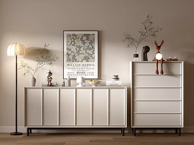 Entryway White Console Cabinet and Sideboard with Decorative Wall Art Table Lamp and Green Plants 3d model