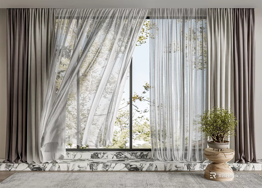 Layered Sheer And Solid Curtains In Neutral Tones With Natural Light And Indoor Plant 3d model 