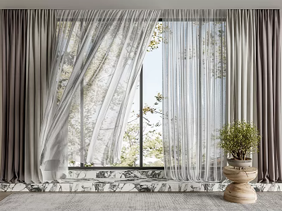 Layered Sheer And Solid Curtains In Neutral Tones With Natural Light And Indoor Plant 3d model