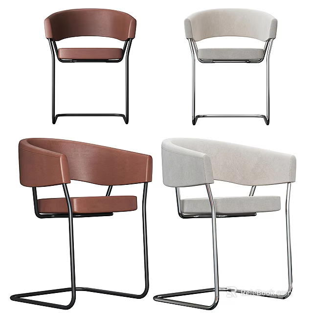 Modern Minimalist Leisure Chairs with Brown and Gray Leather Fabric Armrests and Metal Legs 3d model 