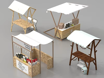 Commercial Equipment for Market Stalls with White Canopies Wooden Shelves and Display Tables 3d model