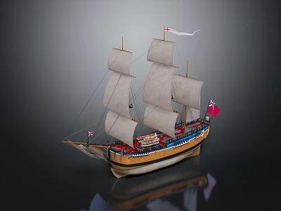 Detailed Model Sailboat Featuring Multiple Masts White Sails Red Flag And Wooden Hull 3d model