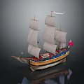 Detailed Model Sailboat Featuring Multiple Masts White Sails Red Flag And Wooden Hull