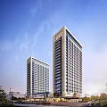 Modern Tall Hotel Building With Glass Facade In Urban Area Surrounded By Roads And Traffic