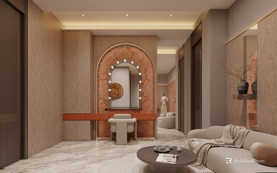 Bridal Shop Interior Design With Arched Mirror Dressing Table Sofa And Marble Floor 3d model 