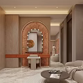 Bridal Shop Interior Design With Arched Mirror Dressing Table Sofa And Marble Floor