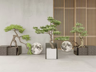 Three Bonsai Trees On Stone Pedestals With Moon Decor And Wooden Lattice Against Gray Wall 3d model