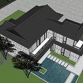 Modern Detached Villa Exterior With Large Glass Windows Stone Walls Balcony And Pool Reflection