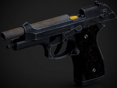 Black Pistol With Rusted Barrel Textured Grip And Bullet In Chamber 3d model