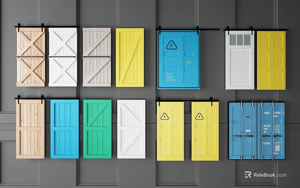 Hanging Various Colored Door Components With Different Styles Patterns And Safety Signs 3d model 