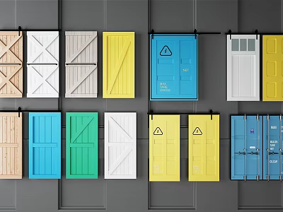 Hanging Various Colored Door Components With Different Styles Patterns And Safety Signs 3d model
