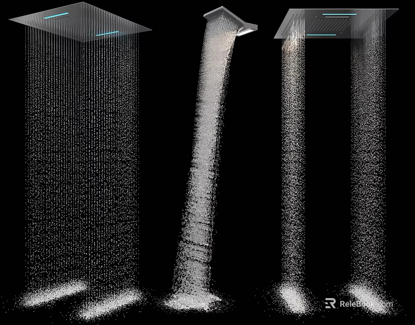 Three Modern Bathroom Shower Heads With Steady Rainfall Water Flow 3d model 