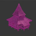 Cute Cartoon Scene of Traditional Two Story Building with Thatched Roof and Wooden Red Decorations