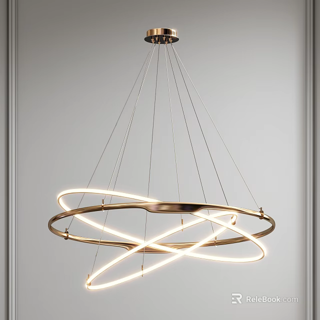 Modern Sleek Chandelier With Intertwined Metal Rings And Illuminated Light Strips In Contemporary Interior Space 3d model 