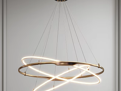 Modern Sleek Chandelier With Intertwined Metal Rings And Illuminated Light Strips In Contemporary Interior Space 3d model