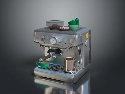 Silver Espresso Coffee Machine With Knobs Pressure Gauge Green Cups And Metal Mug 3d model