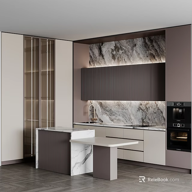 Elegant Modern Kitchen Interior Design With Marble Island And Cabinetry Lighting 3d model 