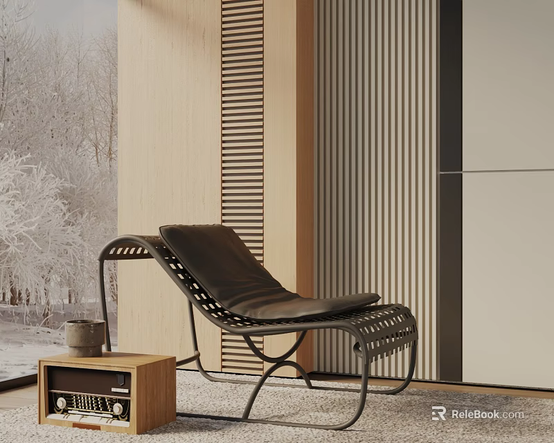 Modern Black Leather Leisure Chair with Metal Frame and Wooden Side Table in Living Room 3d model 