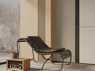 Modern Black Leather Leisure Chair with Metal Frame and Wooden Side Table in Living Room 3d model