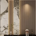 Elegant Foyer Hallway Interior With Marble Wall Wooden Slats And Black Shelf Decorative Items