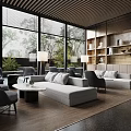 Modern Luxury Sales Office Lounge Space With Large Glass Windows And Comfortable Elegant Furniture