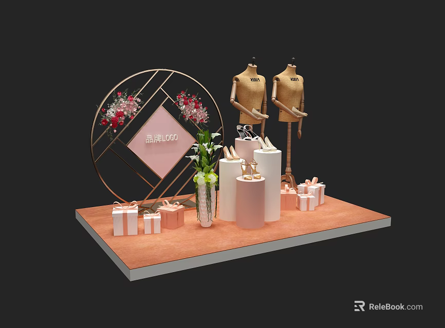 Elegant Display Stand With Mannequins Gift Boxes Flowers And Circular Decor 3d model 