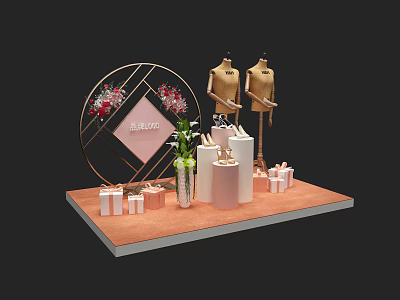 Elegant Display Stand With Mannequins Gift Boxes Flowers And Circular Decor 3d model