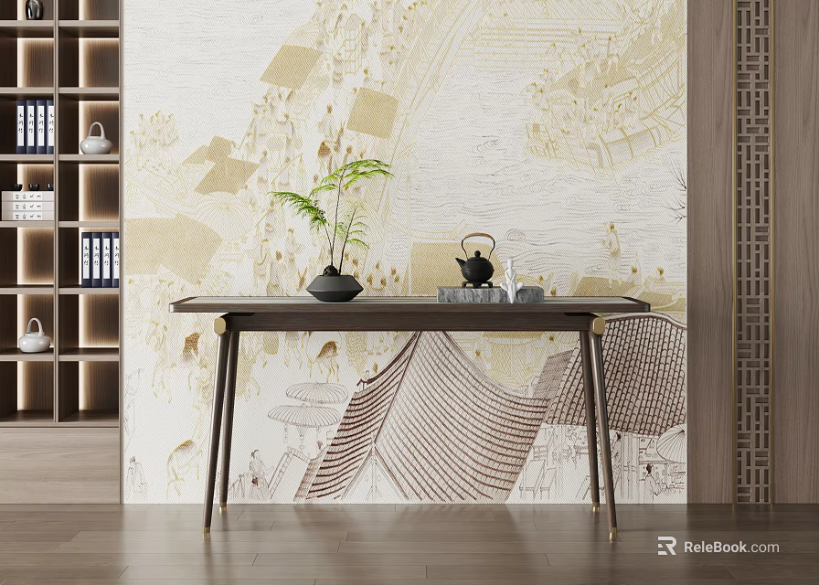 Traditional Style Wooden Console Table With Chinese Mural Background Green Plant And Teapot Decoration 3d model 