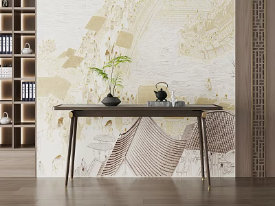 Traditional Style Wooden Console Table With Chinese Mural Background Green Plant And Teapot Decoration 3d model