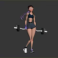 Strong Woman Lifting Barbell In Sports Vest Shorts Sneakers With Water Bottle