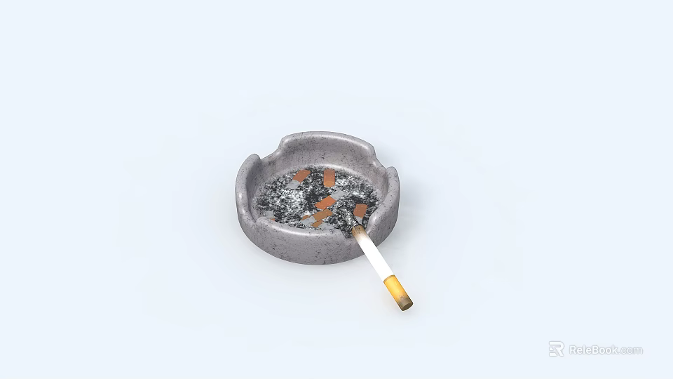 Concrete Ashtray With Cigarette Butts And A Lit Cigarette On Light Background 3d model 