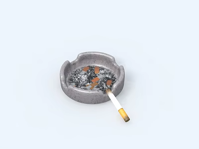 Concrete Ashtray With Cigarette Butts And A Lit Cigarette On Light Background 3d model