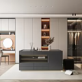 Elegant Modern Walk-in Closet Interior With Dressing Table Round Mirror Open Shelves And Cabinets