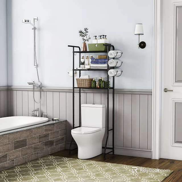 Black Multi-tier Bathroom Cabinet Rack With Towels Basket Toiletries Green Plant Near Toilet And Bathtub 3d model 