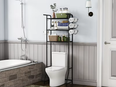 Black Multi-tier Bathroom Cabinet Rack With Towels Basket Toiletries Green Plant Near Toilet And Bathtub 3d model